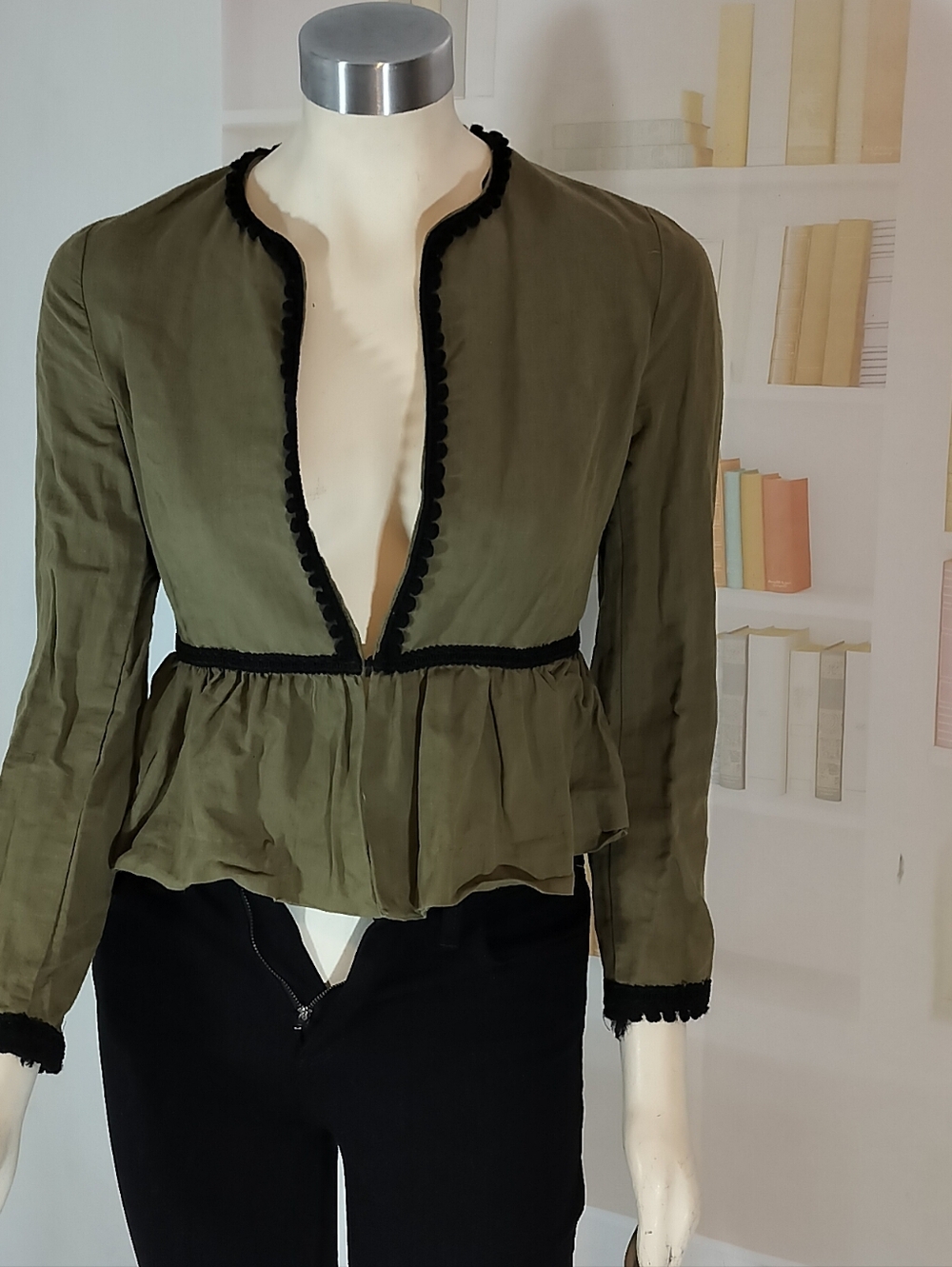 Zara Olive Green Peplum Blouse with Black Trim